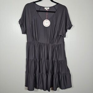 Umgee USA Gray Tiered Babydoll Mini Dress V-Neck Cuffed Sleeve Women's L NWT